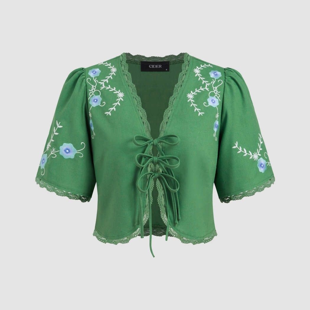 Green Embroidered Kimono Top